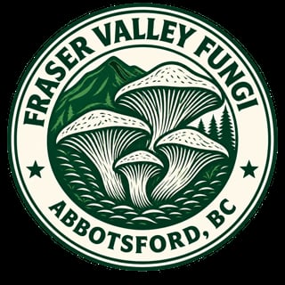 Fraser Valley Fungi logo featuring illustrated mushrooms with mountains and trees, Abbotsford BC